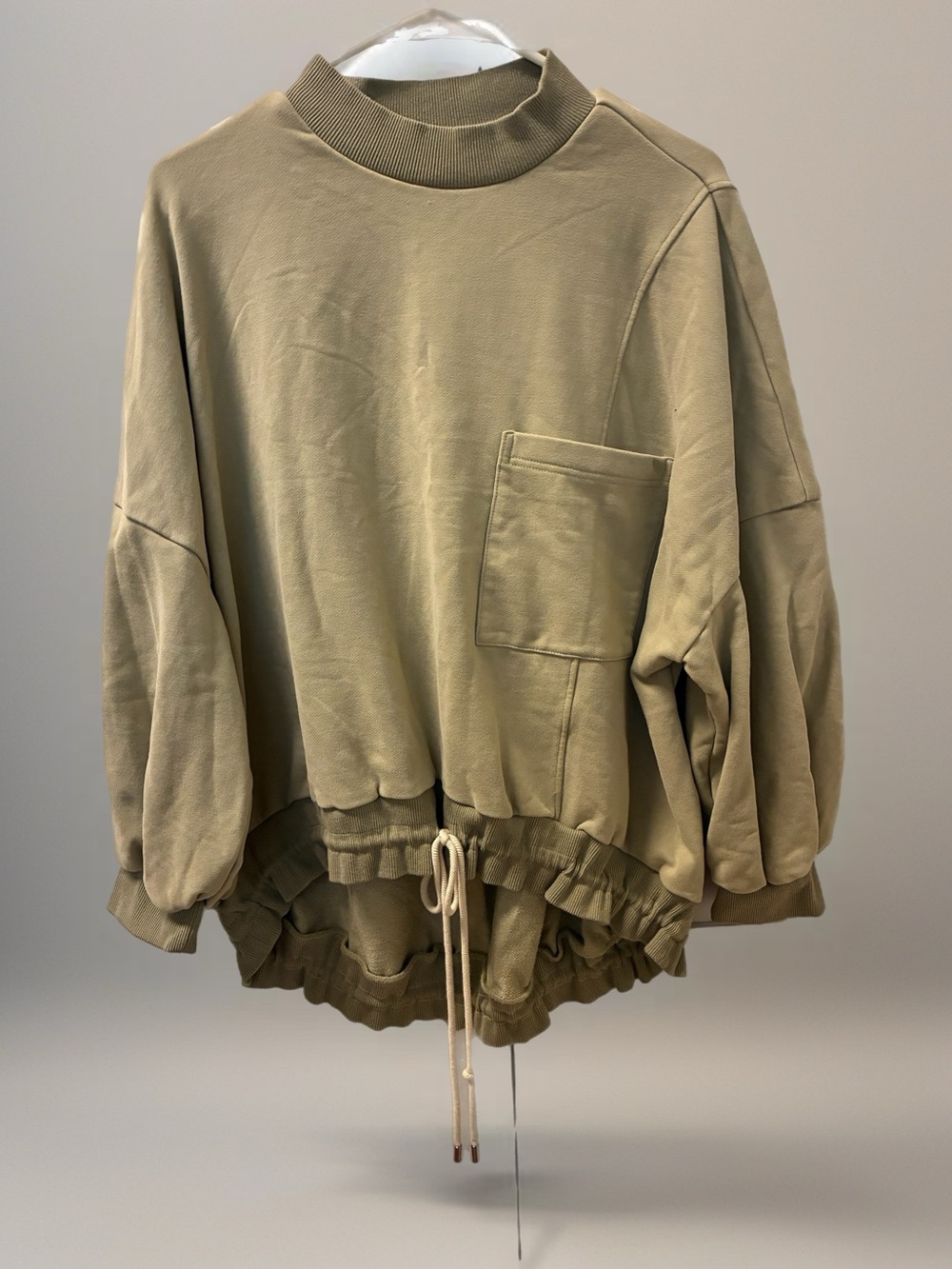 Relaxed Drawstring Green Pullover Sweatshirt